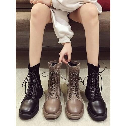 Womens shoes ankle boots 2020 autumn new fashion suede stitching motorcycle boots low-heel lace-up casual boots