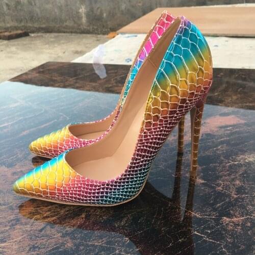 Free shipping fashion women pumps snake printed rainbow leather pointed toe high heels shoes pumps 12cm 10cm 8cm Stiletto