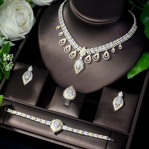 HIBRIDE Unique Luxury Pendant Double Tone Dubai Jewelry Set CZ Earrings Necklace Women Bridal Jewelry Set Party Gifts N-899