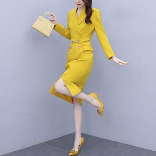 Women 2021 Spring Autumn Elegant Notched Collar Office Dress Female Long Sleeve Dresses Ladies Slim Bodycon Pencil Vestidos Y202