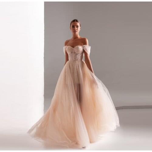 Sweet Champagne See Thru A-line Tulle Prom Gowns Crystal Beaded Long Formal Party Dress Sequined Summer Women Dress