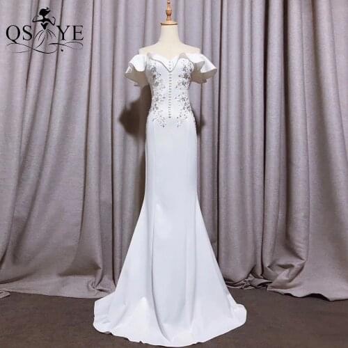 QSYYE White Mermaid Evening Dresses Off Shoulder Ruffle Short Sleeves Long Party Dress Bead Appliques Buttons Lady Formal Dress