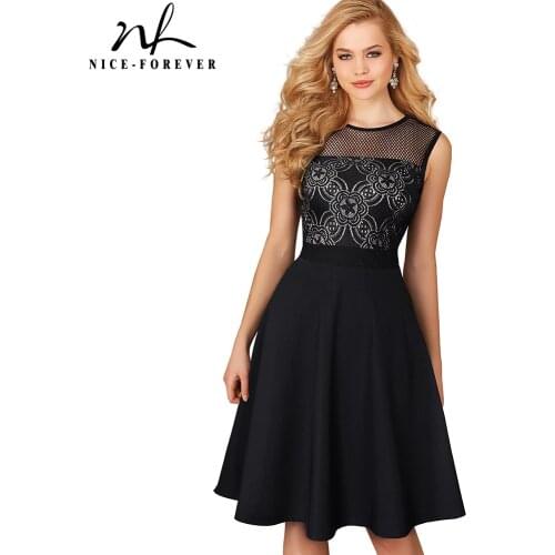 Nice-forever Vintage Elegant Floral Lace Zipper Mesh Net O-Neck vestidos Sleeveless A-Line Female Flare Party Women Dress A078