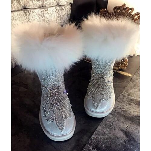 Pearl Fox Fur Winter Boots Genuine Leather Sow Boots Diamond Drill Cotton Shoes Warm Winter Shoes "Women