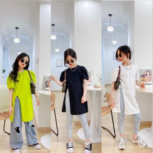 2021 hot sale girls puff sleeve t-shirt cotton summer solid color fashion girls top 3-8t B263