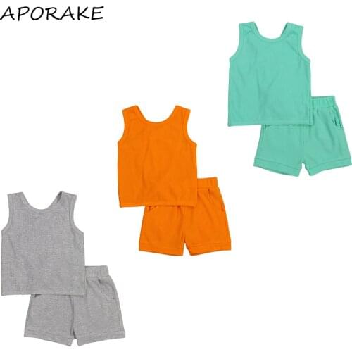2021 1-5Y Summer Kids Baby Girl Boy Clothing Solid Color Sleeveless Top Vest+Shorts Casual Summer Outfits 2pcs Set