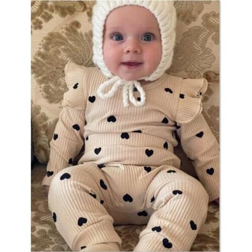 3pcs/set Toddler Newborn Baby Girls Clothes Heart Print Solid Ruffle Ribbed Romper +Pants +Headbands Casaul Winter Girl Clothing