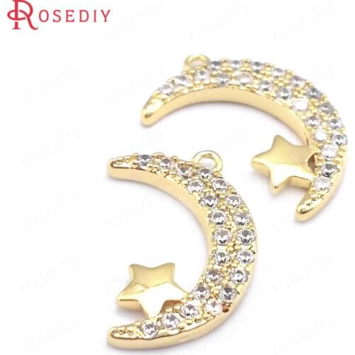 39629)4PCS 10x20MM 24K Gold Color Brass and Zircon Star and Moon Charms Pendants Jewelry Making Supplies Findings Accessories