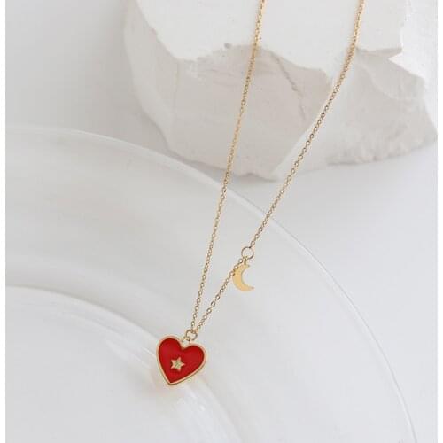 Amaiyllis 18K Gold Epoxy Enamel Red Heart Love Five-pointed Star Moon Clavicle Chain Necklace Pendant Jewelry