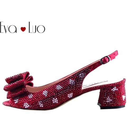 CHS1113 Custom Handmade Block Heel Winered Crystal Slingbacks bow Women Bridal Wedding Shoes Low Heels Shoes Party Shoes