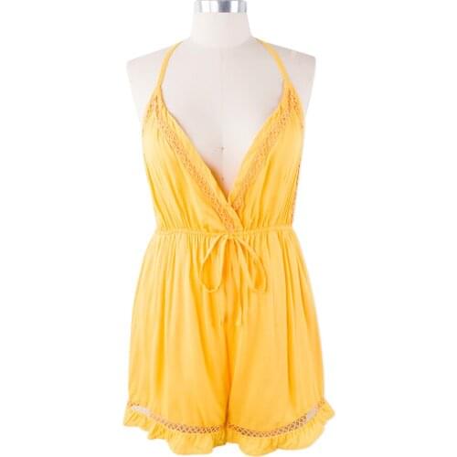 Neatie kiddie Sexy Halter V-neck Casual Ruffles Short Beach Style Jumpsuit Women Playsuit Backless Summer Casual Romper Bodysuit