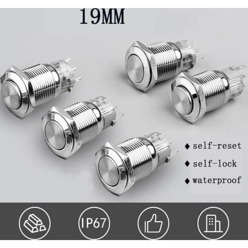 3pin 19mm Metal push power button Waterproof no LED switch touch Flat light button self-reset on and off button switch 1NO1NC