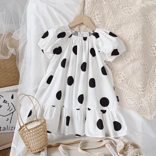 Fashion Dot Print Dress For Girls Summer Puff Sleeve Loose Ruffles Hem Gowns Children Vacation Casual Dresses Kids Clothes