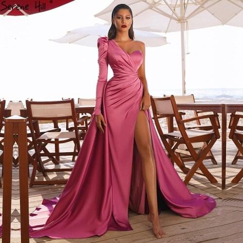 Serene Hill Rose Simple Satin One Shoulder A-Line High Split Gowns 2020 Sexy Evening Dresses For Women Party DLA70876