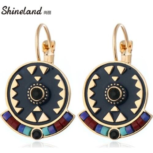 Shineland Indian Jewelry Boho Earrings Black Red Enamel Beads Rhinestone Round Carved Drop Ethnic Earring New Brincos For Women