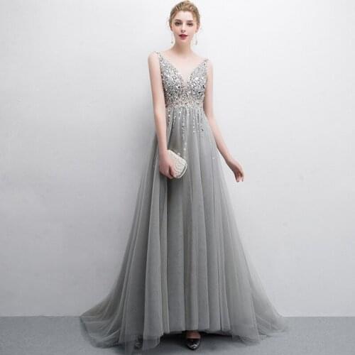 Sexy Backless Tulle with Beading Sequins Silver Gray Long Evening Dresses V-Neck Sleeveless Sweep Train Prom Dresses