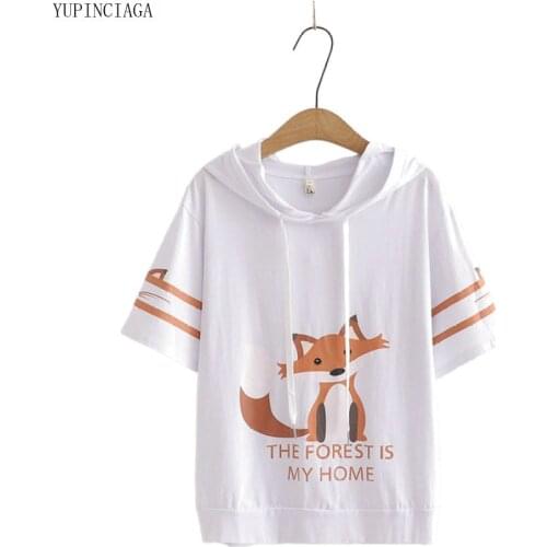 2020 NEW Korean Sweet Cute Cartoon Fox Print Hooded Sweatshirt Short Sleeve Hoodies Femme Cotton Tracksuit Drawstring Pullovers