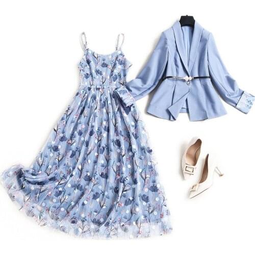Women elegant one button blazer suit plus size XXXL 2021 spring spaghetti strap floral mesh dress office two piece outfits