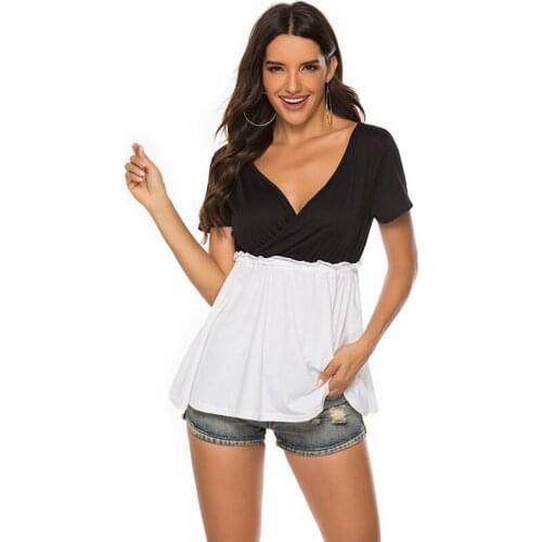 Women Sexy Deep V Neck Shirts Short Sleeve Office Shirts Fashion White Black Patchwork Color Blouse High Waist All Match Tops