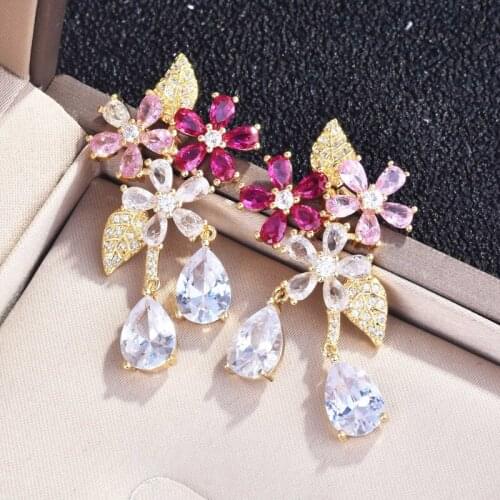 2021 Trend Colorful Flower Drop Earrings With AAA Crystal Zircon Luxury Elegant Jewelry For Women Wedding Cocktail Party Gift