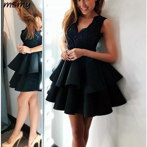 New Somple Black V-Neck Homecoming Dresses 2019 Sequined Knee-Length Satin Sleeveless Formal Prom Gowns Custom Made