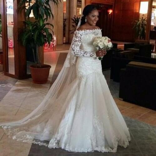 Mermaid Off The Shoulder Lace Wedding Dress Boat Neck Long Sleeve Bridal wedding Gown Plus size Africa Vestido De Noiva 2019