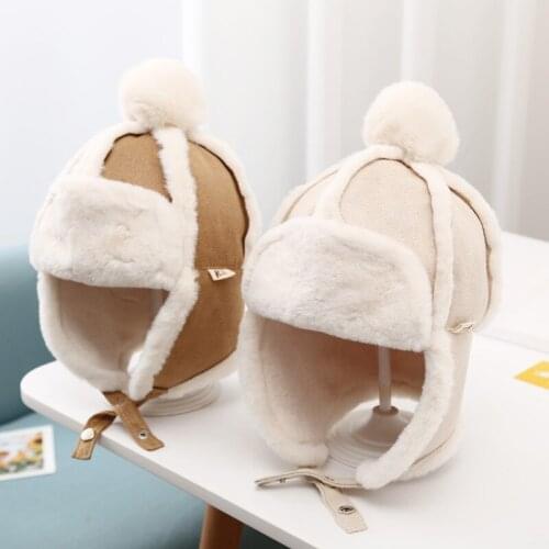 Winter Hats for Children Velvet Warm Kids Bomber Hats Girls Boys Beanies with EarFlaps Pompom Skullcap Wool Wide Brim Women Men