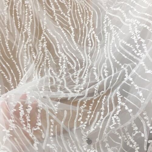 1 Yard Ivory Clear Sequin French Embroidery Lace Fabric Stripe Quality Bridal Wedding Dress Lace DIY Sewing Craft