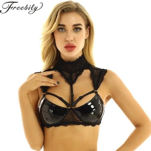 Womens Ladies Sexy Clubwear Erotic Sheer Lace Tanks Tops Halter Patent Leather Cups Hollow Out Wire-free Unlined Bra Crop Tops