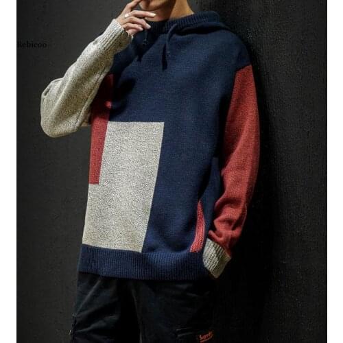 Knitted Hooded Jumper Designer Sweater Autumn Men Blue Patchwork Streetwear Casual Sweatshirt Tracksuit Fashion Sweaters Homme