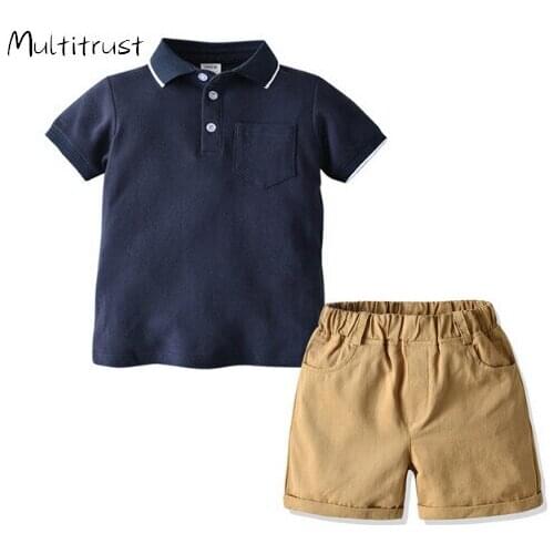 Boys Summer Clothes 2pcs Cotton Turn-down Collar School Boy T-shirts + Pants Toddler Boys Clothing Set Kids Tracksuit Sport Suit