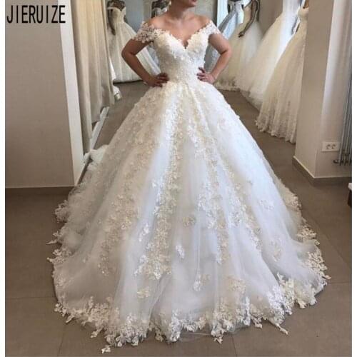 JIERUIZE Vestido De Noiva Lace Appliques Ball Gown Wedding Dresses Off the Shoulder Backless Beaded Wedding Bridal Gowns