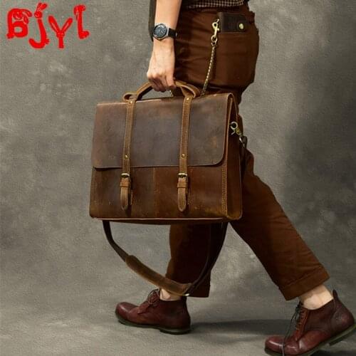 Men Briefcase Retro Male Handbags Large Capacity Laptop Bag Shoulder Messenger Bags New Crazy Horse Leather Head Layer Leather
