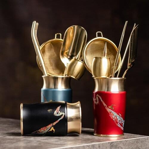 Pure Copper Six Items Set Kung Fu Tea Utensils Complete Collection Tea Making Tools Tea Cutter Clamp Spoon Tea Cup Holder