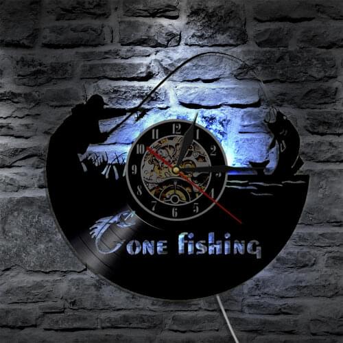 Gone Fishing Wall Art Decor Clock Fish Rod Fisherman Vinyl Record Wall Clock With LED Night Light Handmade Gift For Fishermen