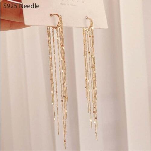 Real 925 Sterling Silver Needle Long Dangle Drop Earrings for Women Jewelry Fairy Heart Gold Female Tassel Earrings