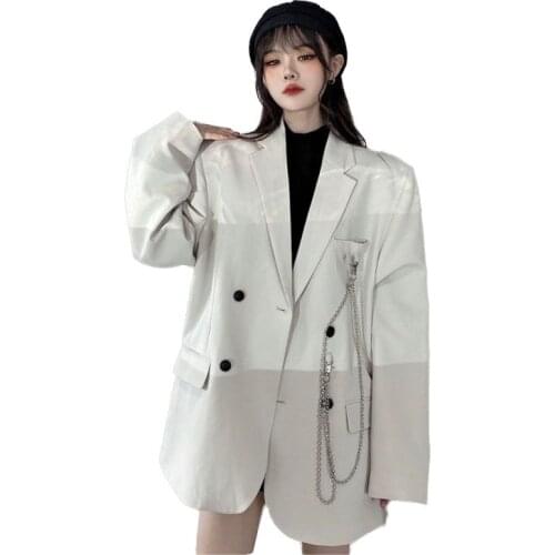 New Suit Jacket Womens Trendy Dark Black white Retro Loose And Thin Fried Street Suit Jacket Women 2021 Spring And Autumn Loose