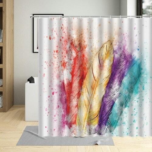 Hand Drawn Water Color Vibrant Bird Feather Set Shower Curtain Boho Atyle Peacocks Feathers Seamless Pattern Bathtub Decor