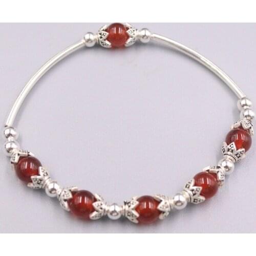 S925 Sterling Silver Bracelet Luck 4mmW Silver Beads with Agate Beads Link Bracelet 6.7inches Gift For Women