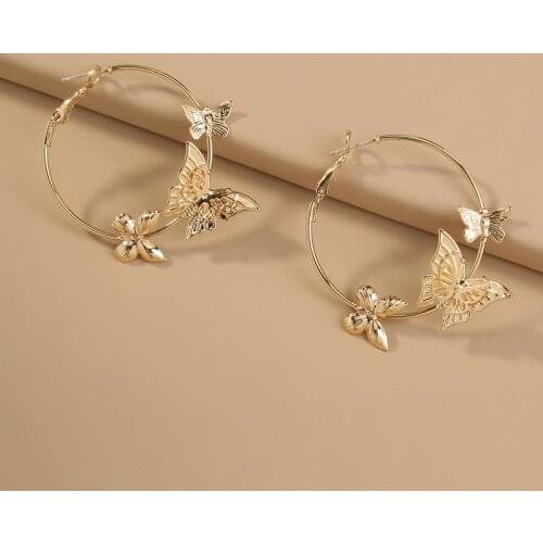Minar Vintage Gold Color Metal Butterfly Hoop Earrings for Women Big Hollow Circle Simulation Wing Statement Earring Oorbellen