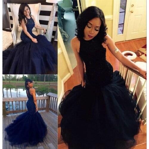 Dark Navy Blue Sleeveless Prom Dress High Quality Backless Beading Party Dress Event Gown Plus Size