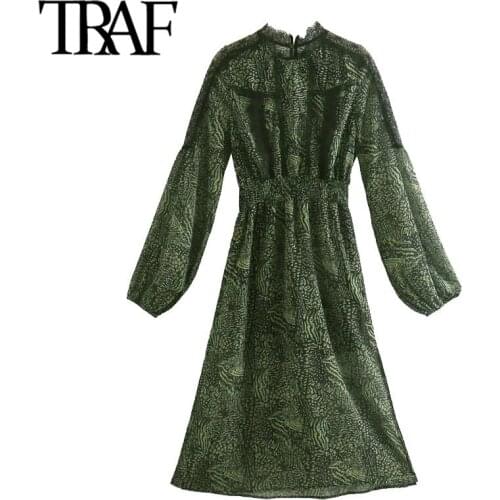 TRAF Women Chic Fashion With Lace Animal Print Midi Dress Vintage Long Sleeve Elastic Waist Female Dresses Vestidos