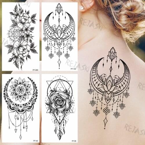 Black Moon Pendant Temporary Tattoos For Women Adults Realistic Flora Geometric Rose Fake Tattoo Sticker Back Arm Tatoos 3D