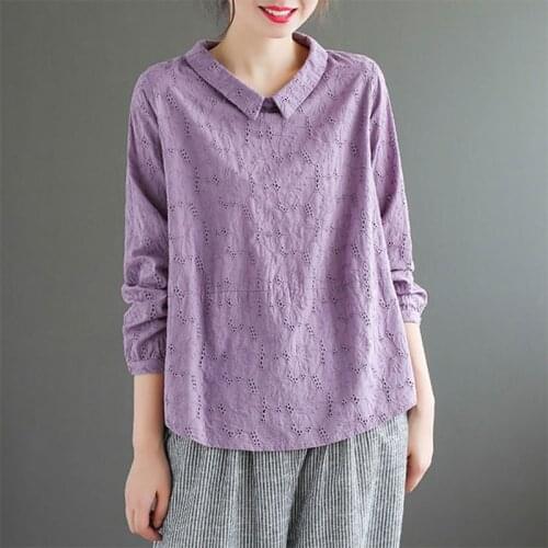 100% Cotton Peter Pan Collar Hollow Out Long Sleeve Women Shirt Spring Autumn Arts Style Casual Loose Blouses Plus Size M472