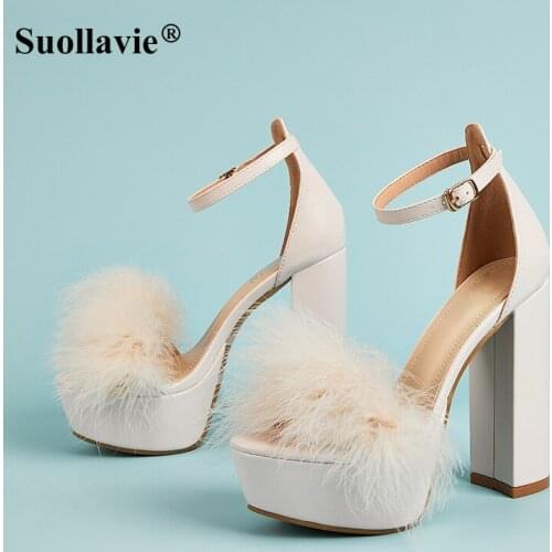 Suollavie Woman Sandals Summer 2021 New Fashion Hairy Square High Heels Peep Toe Mules Lady Platform Shoes Pumps White