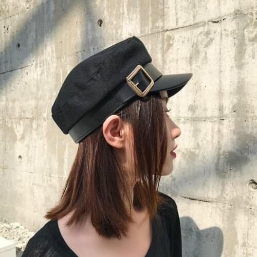 Women Black Military Hats Autumn Winter Fashion Wool Pu Leather Patchwork Newsboy Caps With Belt Female Gorras boinas para mujer