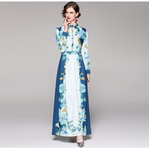 Autumn Elegant Blue Maxi Dress 2021 Runway Desgin Female Turn Down Neck Long Sleeve Flower Print A Line Long Dress k533