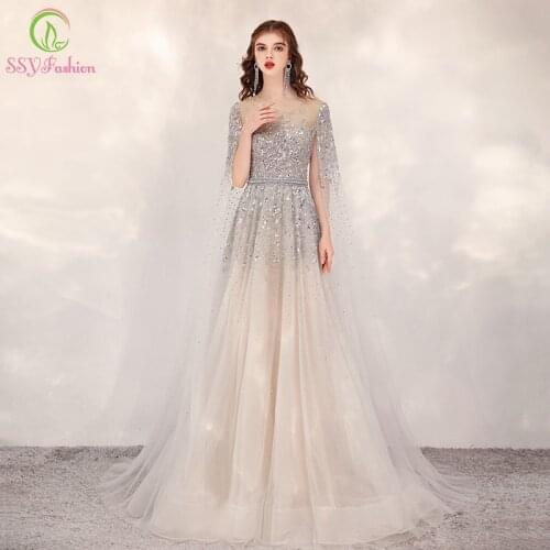 SSYFashion New High-end Long Evening Dress with Cape Banquet Elegant Luxury Sequins Beading O-neck A-line Prom Gown for Women