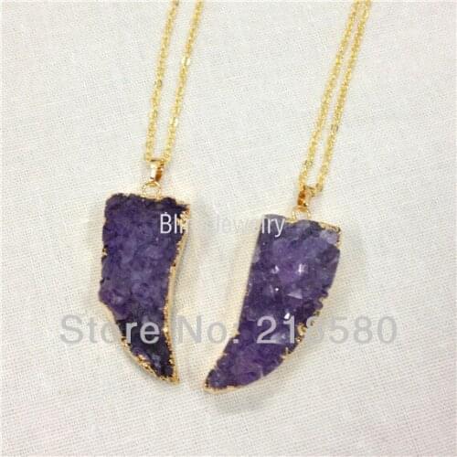 H-QN65 Amethys Cluster Druzy Horn Pendant Women Gold Color Necklace Tusk Pendant Necklace