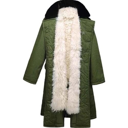 Winter Mens Sheep Leather Wool Lining Overcoat Double Breasted Military Long Parka Outwear Thick Warm Loose One Size X45